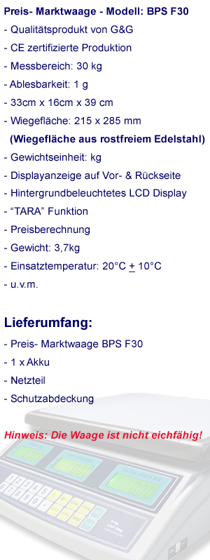 BPS-F 30kg/1g Digitalwaage mit Preisberechnung. Nicht eichfähig